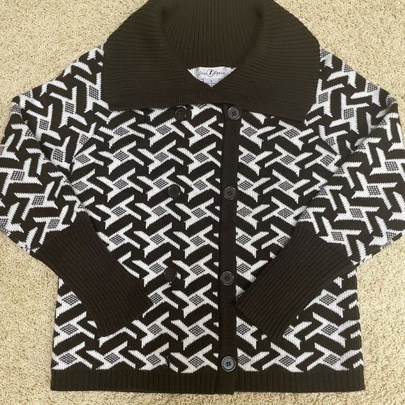 Vintage Brown Cream Houndstooth Knit Sweater Double Breasted Contrast Collar SM - Picture 13 of 13